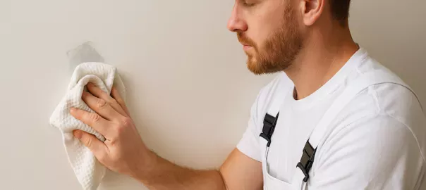 målare torkar bort färgfläckar från vägg med fuktig trasa